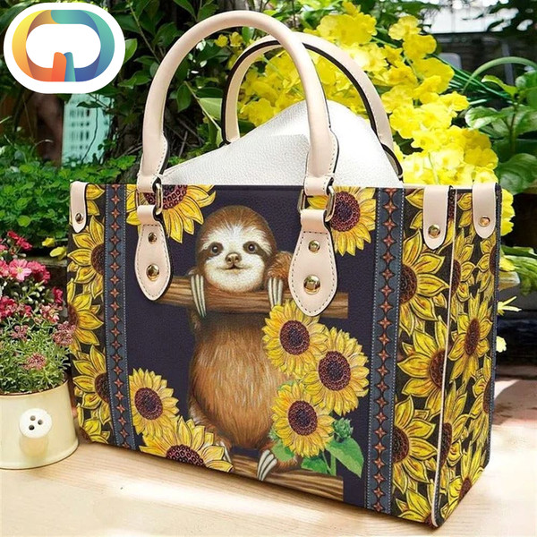 Sloth With Sunflowers Leather Women Handbags.jpg