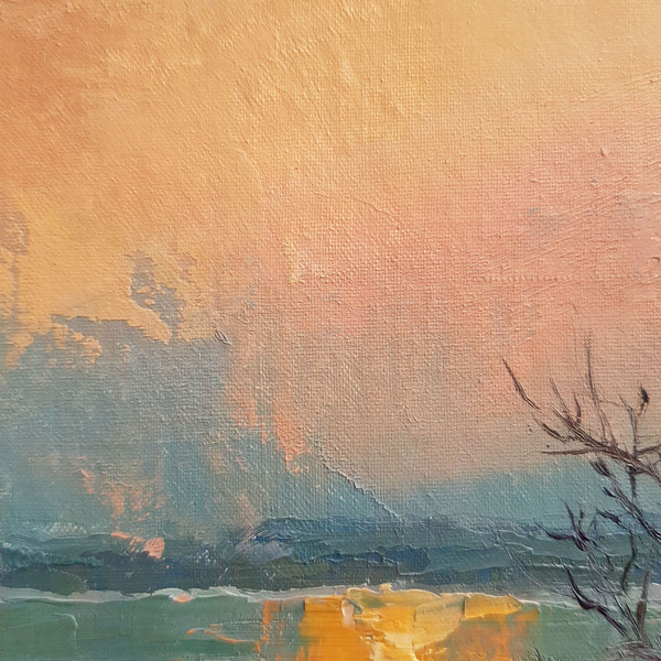 I used bright and saturated colors to emphasize its majesty of the sunset. Fragment of a close-up Seascape art Sunset sky.