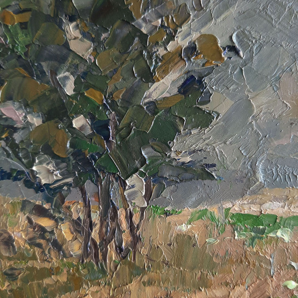 A green tree on the slope of a blooming hill symbolizes growth, development and renewal. Fragment of a close-up Hill landscape Original art.