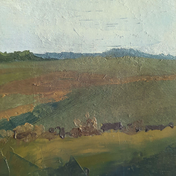 The distant hills and forests invite the viewer to explore and discover new horizons. Fragment of a close-up Meadow valley painting.