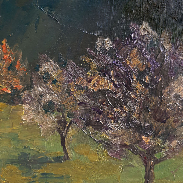 The blooming trees in the painting carries a symbol of spring, the time when nature prepares for a new life.
