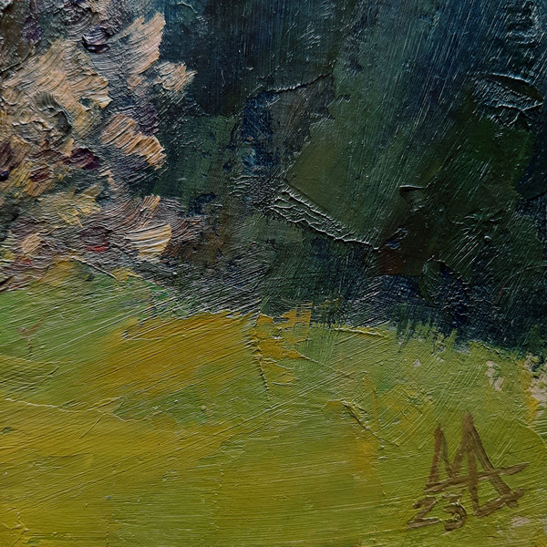 In the lower right-hand corner of the natural landscape Painting is artist's signature.