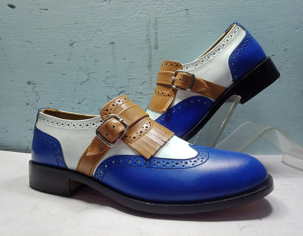 Men's Handmade  Brown & Blue White Brogue Single Monk Leather  Handmade  Shoe.jpg