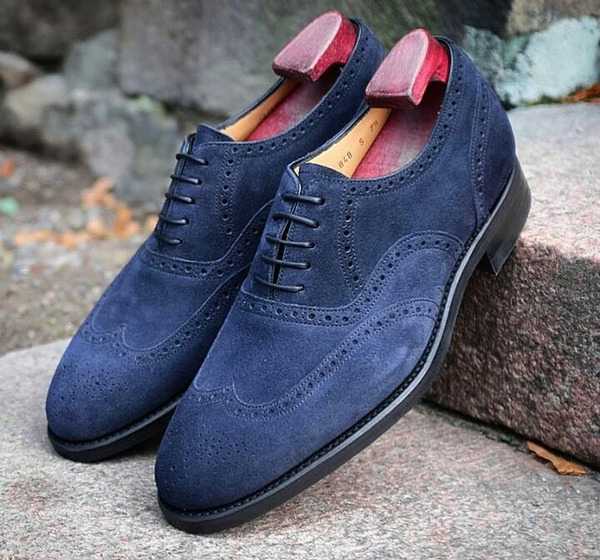 Men's Handmade  Navy Blue Suede Lace up Wing Tip Brogue Formal Shoes.jpg