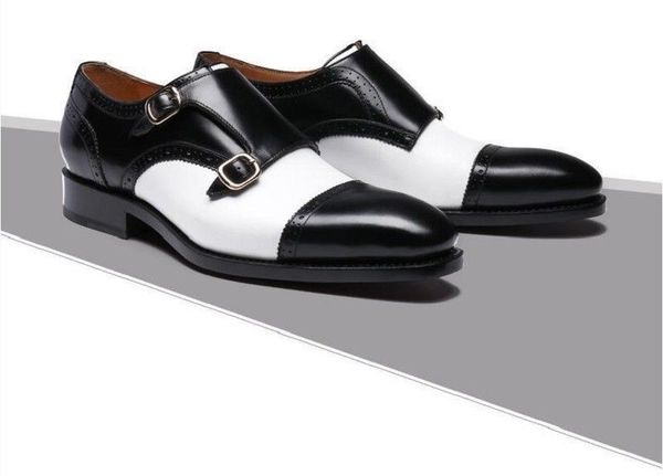 Men's Handmade Black & White  Luxury Double Monk Strip Shoes.jpg