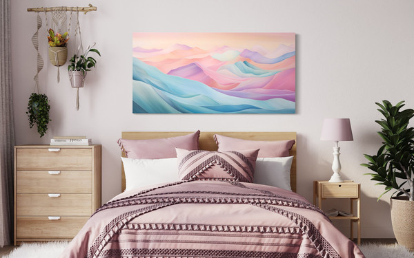Pink Blue Pastel Wall Art, Abstract Marble Mountain Landscape Painting Canvas Print, Long Horizontal Living Room Bedroom Decor Ready To Hang.jpg
