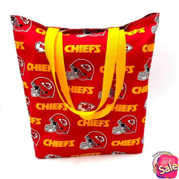 Kansas City Chiefs Red Football Lined Reversible Reusable Tote Grocery Shopping Project Craft Book Beach Gift Bag Washable Sturdy Free Ship.jpg