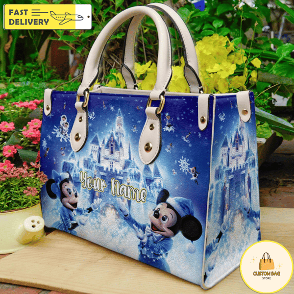 Mickey And Minnie Frozen Leather Handbag, Disney Characters Wallpaper Handbag, Women Leather Bag.jpg