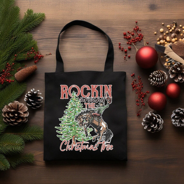 Rocking Around The Christmas Tree Tote Bag, Christmas Shoulder Bag, Christmas Canvas Bag, Christmas Gift, Western Christmas, Cowboy Bag.jpg
