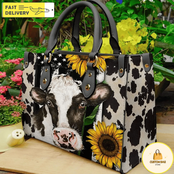 Cow Sunflower Leather Bag Handbag, Cow Handbag, Custom Leather Bag, Woman Handbag.jpg