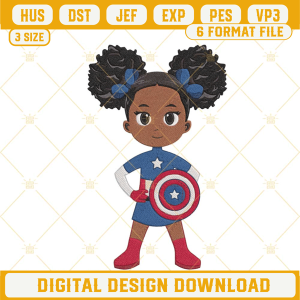 Black Girl Captain America Embroidery Design File, Afro Girl Superhero Embroidery Pattern.jpg