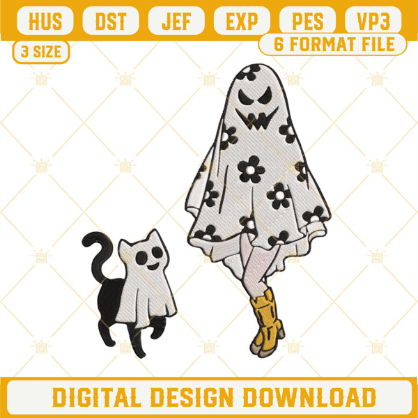 Ghost Girl And Ghost Cat Machine Embroidery Designs, Cat Mom Halloween Embroidery Design File.jpg
