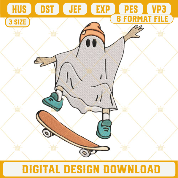 Ghost Skateboard Embroidery Designs, Boy Halloween Embroidery Design File.jpg