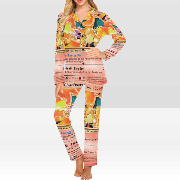 Charizard Card Women's Pajama Set, Long-sleeve with Collar and Buttons.png
