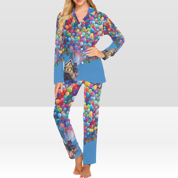 Up Balloons Women's Pajama Set, Long-sleeve with Collar and Buttons.png