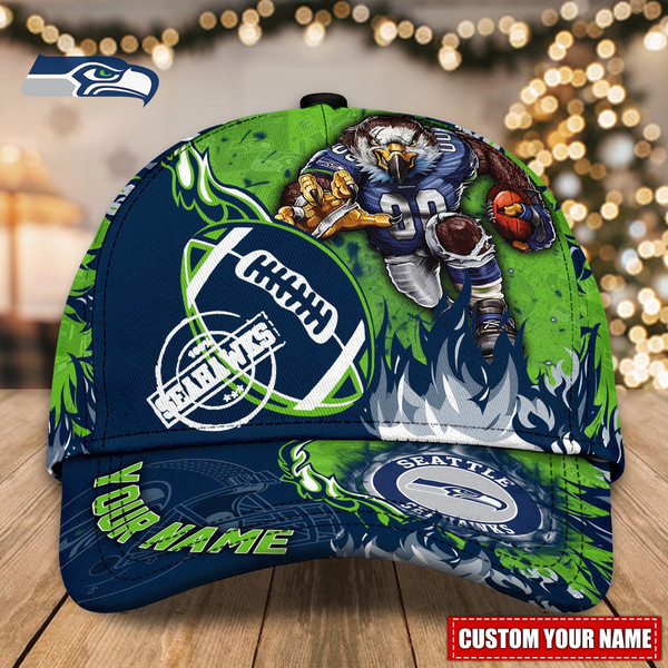 NFL Seattle Seahawks Adjustable Hat Mascot & Flame Caps for fan, Custom Name NFL Seattle Seahawks Caps