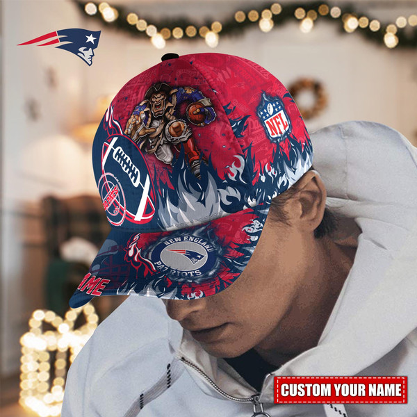 NFL New England Patriots Adjustable Hat Mascot & Flame Caps for fan, Custom Name NFL New England Patriots Caps