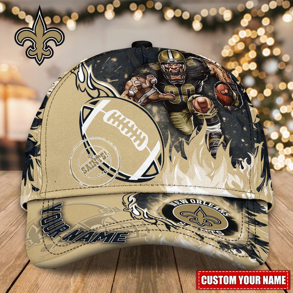 NFL New Orleans Saints Adjustable Hat Mascot & Flame Caps for fan, Custom Name NFL New Orleans Saints Caps