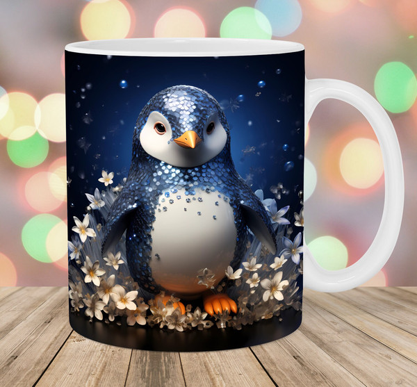 3D Crystal Penguin Mug Wrap, 11oz And 15oz Mug Template, Mug Sublimation Design, Flowers Mug Wrap Template, Instant Digital Download PNG.jpg