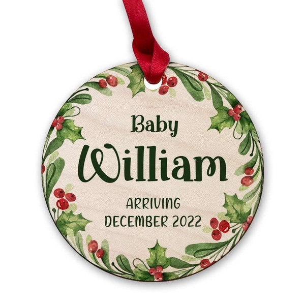 Personalized Wood Baby Arriving Ornament Baby Shower.jpg