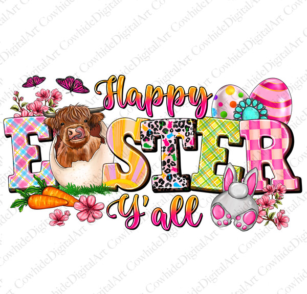 Happy Easter Y'all Cow png sublimation design download, Easter Day png, Highland Cow png design, Happy Easter, sublimate designs download.jpg