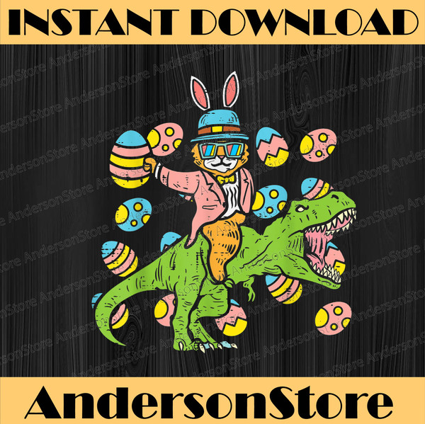 Cat Easter Bunny Riding Dino Trex Egg Hunt Dinosaur Easter Day Png, Happy Easter Day Sublimation Design.jpg