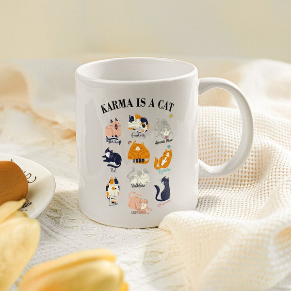Karma Is A Cat Coffee Mug, Music Cute Cat Albums Mug, Gift for Music Lovers, Concert Mug Mug1.jpg