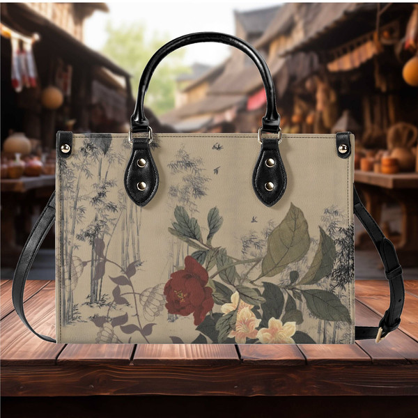 Luxury Women PU Leather Handbag shoulder bag rose  tote flower Floral botanical design abstract art purse Gift Mom spring summer purse.jpg
