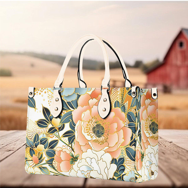 Women Leather PU Handbag Shoulder tote purse Beautiful, cute peach cream spring summer Floral flower botanical design pattern gift for Mom.jpg