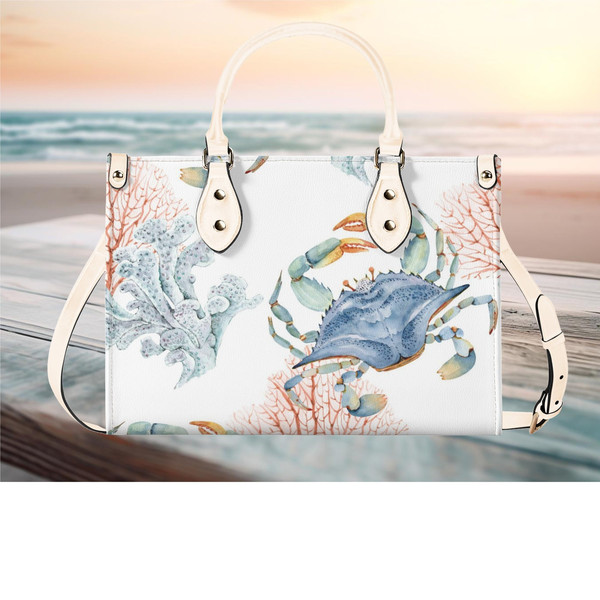 Women PU leather Handbag tote Art deco Crab Ocean abstract art purse  Large Tote would be Perfect for Vacation Beach Travel.jpg