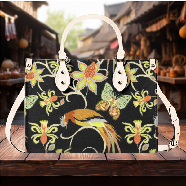 Women PU leather Handbag tote Floral botanical bird design purse 3 sizes large can be a beautiful beach travel tote Vacation Beach Travel.jpg