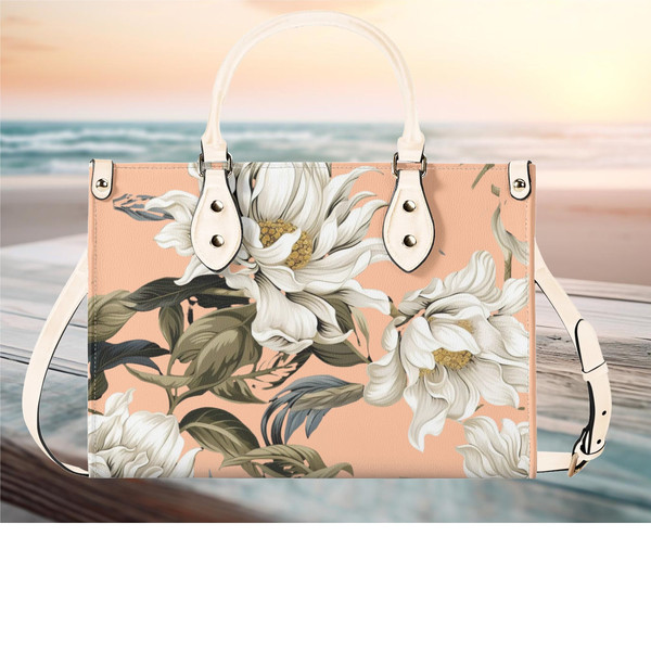 Women PU leather Handbag tote Floral botanical magnolia peach design purse 3 sizes large can be a beautiful beach travel tote.jpg