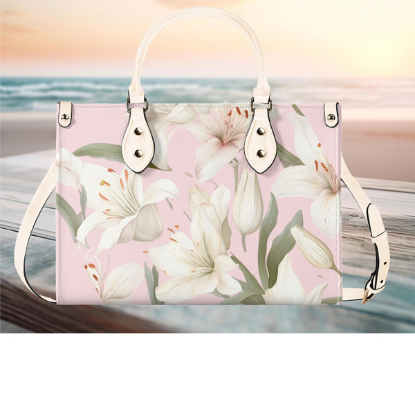 Women PU leather Handbag tote Floral botanical pink design purse 3 sizes large can be a beautiful beach travel tote Vacation Beach Travel.jpg