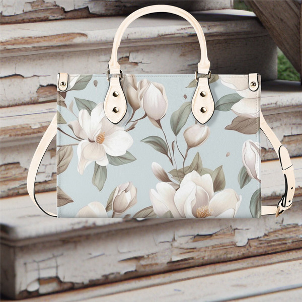 Women PU leather Handbag tote Floral cottagecore botanical magnolia design abstract art purse  Large Tote Vacation Beach Travel.jpg