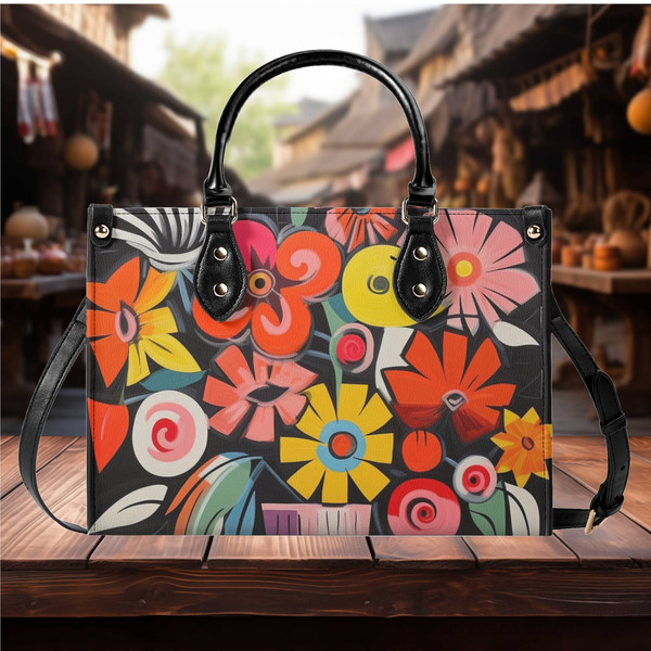 Women PU leather Handbag tote Floral cottagecore botanical rainbow of colors flowerpot design abstract art purse Large Tote Beach Travel.jpg