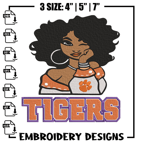 Clemson Tigers girl embroidery design, NCAA embroidery, Embroidery design, Logo sport embroidery,Sport embroidery.jpg