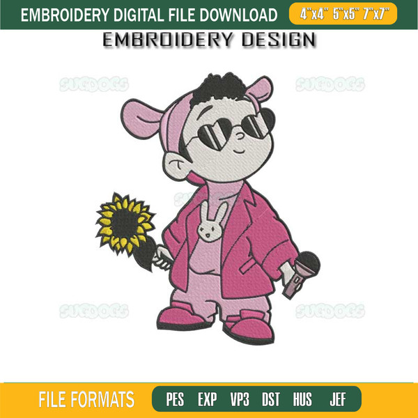 Bad Bunny With Sunflower And Microphone Embroidery Design File, Baby Benito Embroidery Design File.jpg