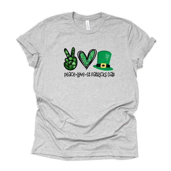 St Patrick's Day Tee, Peace, Love and St Patrick's Day Design on premium unisex tee, 2 color choices, 2X, 3X, 4X, plus sizes available.jpg