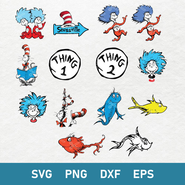 Bundle Dr Seuss Svg, One Fish, Two Fish, Red Fish, Blue Fish Svg, Thing Svg, Png Dxf Eps File.jpg