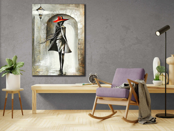 Abstract Woman Print Art, Woman in Red Hat Wall Art, Portrait Woman Wall Decor, Sexy Woman Artwork, Canvas Ready to Hang, Modern Home Decor.jpg