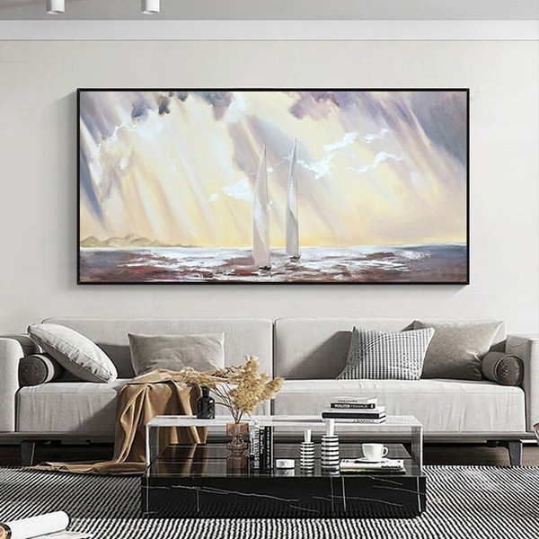 Large Original Seascape Oil Painting on Canvas, Abstract Ocean and Sailboats Canvas Wall Art, Modern Sky and Clouds Painting for Living Room.jpg