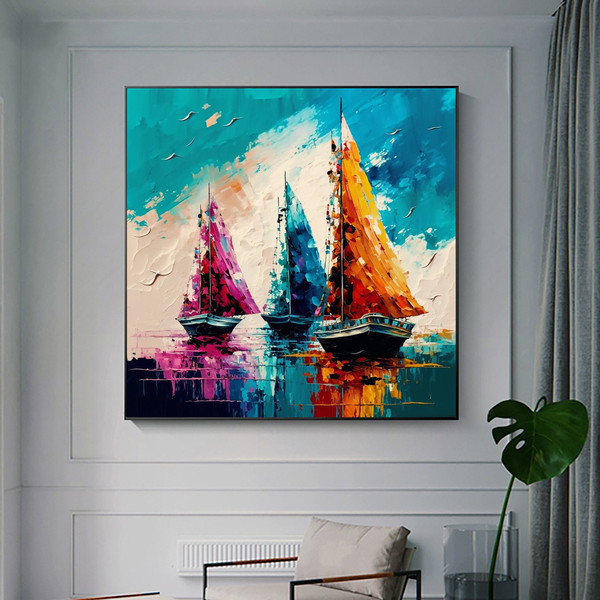 Original Colorful Sailboat Oil Painting on Canvas, Abstract Seascape Acrylic Painting, Large Wall Art, Custom Art, Living Room Wall Decor.jpg