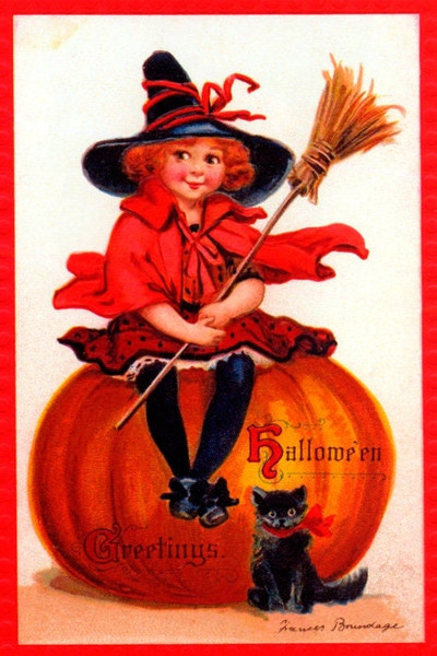 Beauty Girl Seated On A Pumpkin Black Cat Broom Halloween Vintage Poster Repro.jpg
