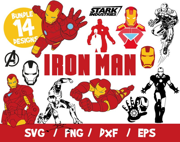 Iron Man Superhero Avengers Tony Starks Wall Decal Stark Industries SVG Bundle Marvel Cricut Cutting Vinyl Png Clipart.jpg