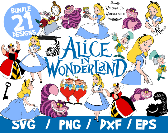 Alice In Wonderland SVG Bundle We're All Mad Here Cricut Vector Clipart Vinyl Wall Decal Cheshire Cat Disney Welcome.png