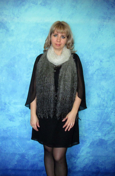 Hand knit gray scarf, Handmade Russian Orenburg shawl, Goat wool cover up, Lace pashmina, Downy kerchief, Stole, Tippet, Warm wrap, Cape, Gift for a granny.JPG
