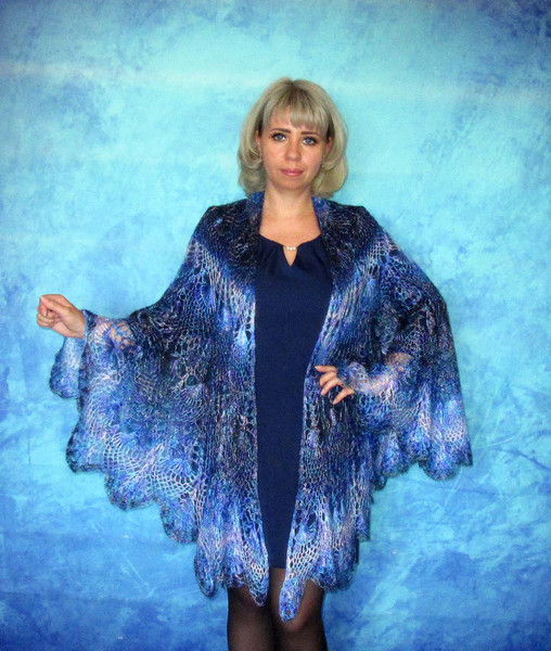 Bright colorful crochet shawl, Blue Hand knit Russian Orenburg shawl, Warm Shoulder cape, Goat down stole, Wool wrap, Cover up, Lace kerchief, Gift for her.JPG
