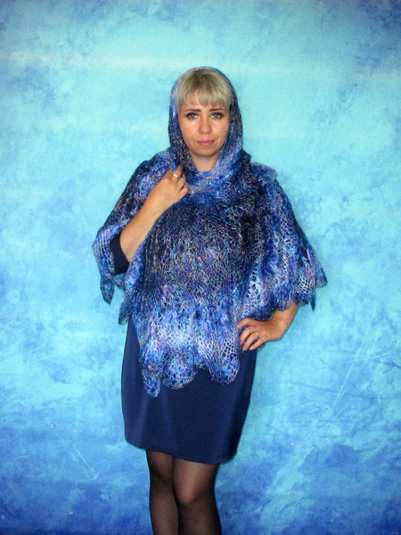 Bright colorful crochet shawl, Blue Hand knit Russian Orenburg shawl, Warm Shoulder cape, Goat down stole, Wool wrap, Cover up, Lace kerchief, Gift for a woman.