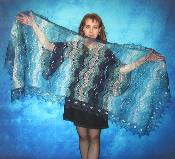 turquoise women's scarf with embroidery, warm Russian Orenburg embroidered shawl, gift for her.JPG