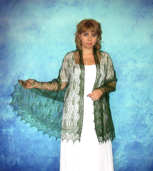 green embroidered women's scarf, lace russian orenburg shawl, wool wrap, Bright wedding stole, gift for mom.JPG